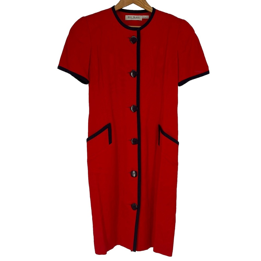VTG Bill Blass 4 Red Navy Trim Dress Mad Men Mod Secretary 80s Ivy Old Money